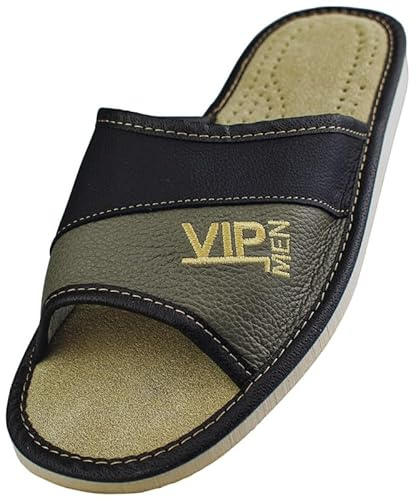 APREGGIO - zapatillas de cuero para hombre – slip-on, pantuflas, zapatillas de casa para hombre, antideslizantes, para el hogar, color gris – talla VIP 46