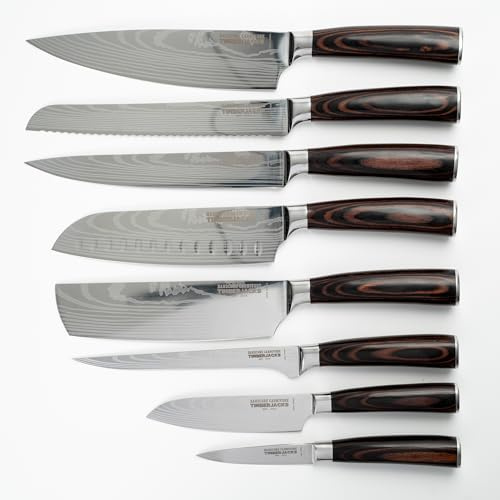 Timberjacks Küchenmesser-Set, 8-teilig, Edelstahl mit Pakka-Holzgriff, Damaskus-Optik, Profi-Messerset inkl. Kochmesser, Santoku, Brotmesser uvm.