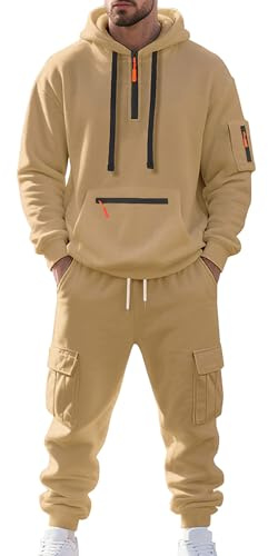 amropi Tuta da Ginnastica con Cappuccio da Uomo Felpa con Cerniera 1/4 e Pantaloni Cargo Sportivo da Jogging Set Cammelloe, XL