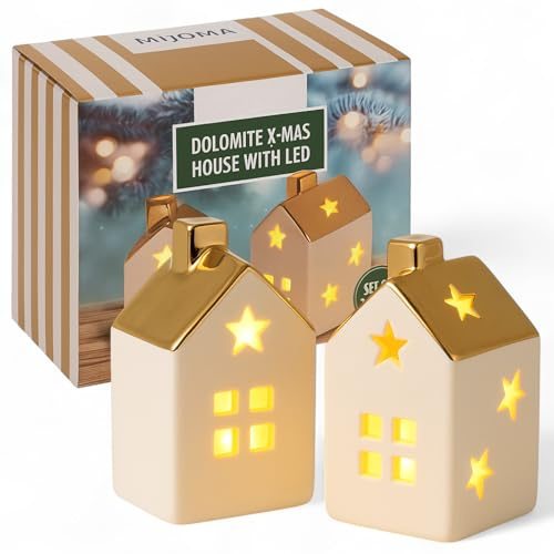 MIJOMA LED Deko Häuser 2er Set aus Dolomit – Weihnachtshäuser mit warmweißem Licht – Keramik Häuschen mit goldfarbenem Dach – batteriebetrieben – Weihnachtsdeko für Innen