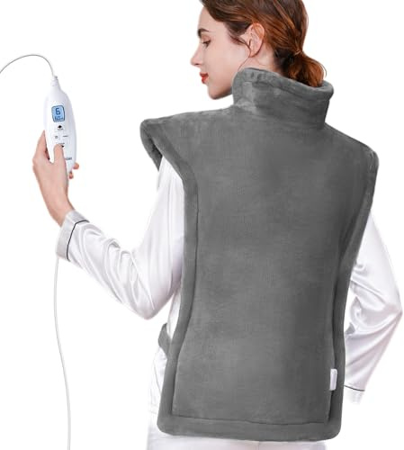 KNQZE Flanelle Coussin Chauffant Cervicales, Grande Ceinture Lombaire Chauffante, pour Soulager la Douleur Cou, Épaules et Dos, 10 Niveaux de Chaleur, Minuterie à 4 positions, Lavable en Machine, Gris