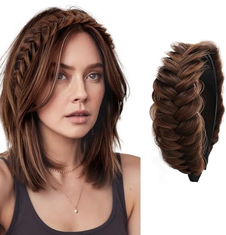Haarreif Geflochten Haare, Kunsthaar Haarreifen Geflochten, Geflochtenes Haarband, Geflochtener Zopf Haarteil, Chunky Haarreif Oktoberfest Damen, Trachten Haarschmuck Damen (Schokoladentoast)