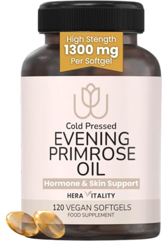 Evening Primrose Oil 1300mg Capsules – 120 Vegan Softgels – High Strength GLA Omega 6 – Cold Pressed – Hormone Balance, Menopause & Skin Support for Women – 4 Month Supply