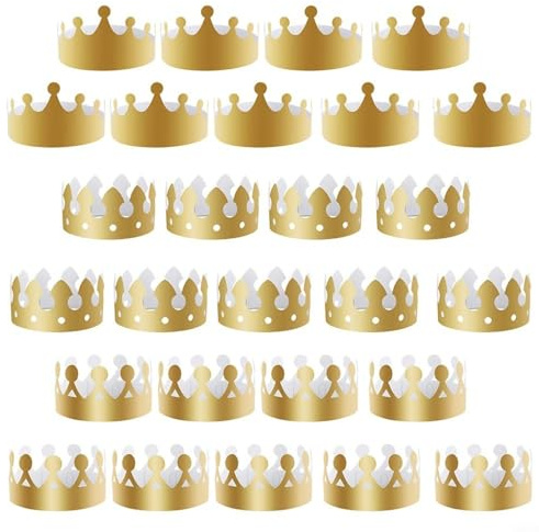 Entgoinggo Papierkrone, 27 Stück goldene Partyhüte, Krone, Partyhüte mit 3 Stilen und 2 Größen, glänzende goldene Folie, Königskronen für Geburtstag, Hochzeit
