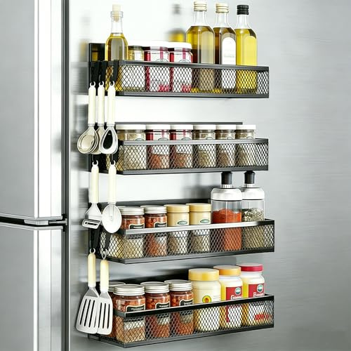 Amalan eu Magnetisches Gewürzregal, 4er Set (2 Groß + 2 Mittel), Extra Starkes Bohrloses Küchenorganizer, Vielseitige Stahlregale für Kühlschrank, Mikrowelle, Ofen, Waschmaschine & Wand, Tintenschwarz