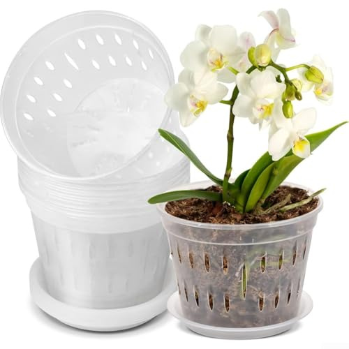 Lot de 150 pots à orchidée en plastique transparent avec trous de drainage et 6 soucoupes assorties pour plantes succulentes Phalaenopsis, Cattleya, Pothos, Philodendron