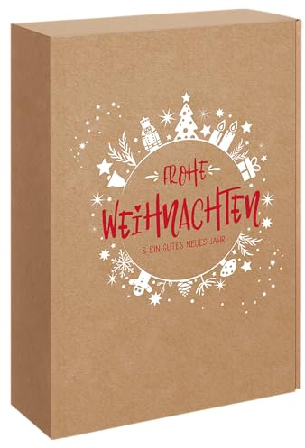 [BOXXCO] 25 Stück 3er Präsentkartons Christmas Joy für Wein-/Sektflaschen 360x250x95 mm - Weihnachtlicher Geschenkkarton mit Einlage für 3 Flaschen - Postversandfähig aus Wellpappe