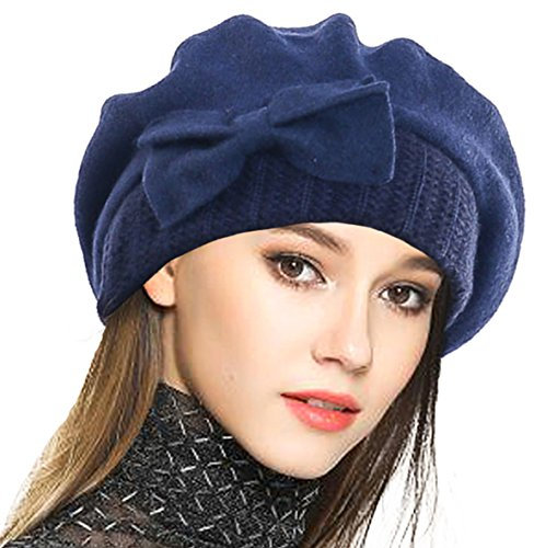 VECRY Frauen Barette 100% Wolle Baskenmütze Kleid Mütze Wintermütze (Marine)