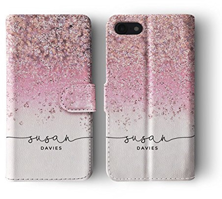 Tirita Personalised Custom Wallet Flip Phone Case Compatible with iPhone 7/8 / SE 2020 / SE 2022 PRINTED GLITTER, NOT REAL GLITTER Ombre Sparkly Faded Gradient Sequin Effect