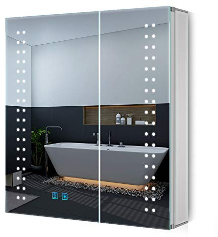 Quavikey® Bathroom Mirror Cabinet with Lights and Shaver Socket, 63x65cm LED Bathroom Wall Cabinets with Mirror, 3 Color Dimmable, Overhead Illuminated, Anti fog, Adjustable Shelves for Storage