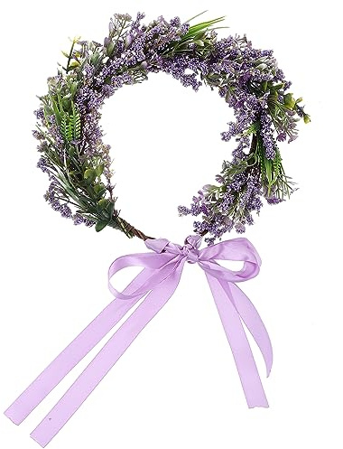 Lurrose Verstellbarer Blumenkranz mit Lavendelblumen-Girlande, Krone, Braut-Kopfschmuck mit Schleife, für Frauen und Mädchen, für Hochzeit, Party, Urlaub (lila)