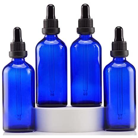 YIZHAO Pipettenflasche 100ml Blau, Apothekerflasche mit Pipette Glas, für Ätherisches Öl, Aromatherapie, Massage, Düfte, Labor, Kosmetik, Reisen – 4 Pcs