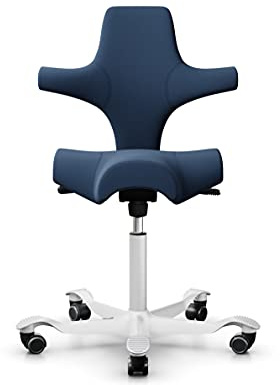 HAG Capisco 8106 Stoff Xtreme Bürodrehstuhl - Standard Gasfeder 200 mm - Sitzhöhe 47-65,5 cm - weiche Rollen (Weiß, Xtreme - EXR026 Polster Dunkelblau)