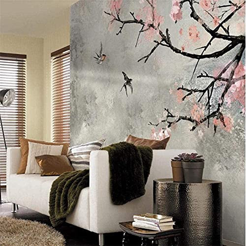 ZZXIAO Carta da parati Pittura a olio nordica Murale di fiori di ciliegio Nuove carte Fiori dipinti e uccelli dipinti fotomurali poster murale Soggiorno camera letto minimalista tv sfondo-150cm×105cm