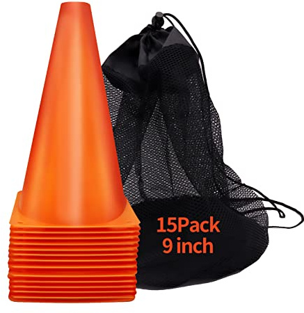 MIVERYEA Cones Sports, 9 Inch Training Cones for Soccer Practice, 15 Pack Agility Field Cone Set for Drills Football Basketball, Plastic Orange Cones for Outdoor Indoor Games