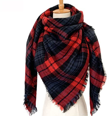 Winter Damen Schal Kariert übergroßer Dreieck Winterschal Herbstschal Quadratisch Deckenschal mit Quasten,Karo Tartan Streifen Plaid Muster Fransen Poncho Cape Halstuch Halstücher 140cm,Rot Schwarz A
