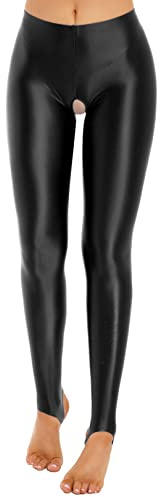FEESHOW Dam glänsande strumpbyxor leggings med öppen steg glans släta nylonstrumpor tights långa underbyxor trotchless, A_svart, XL