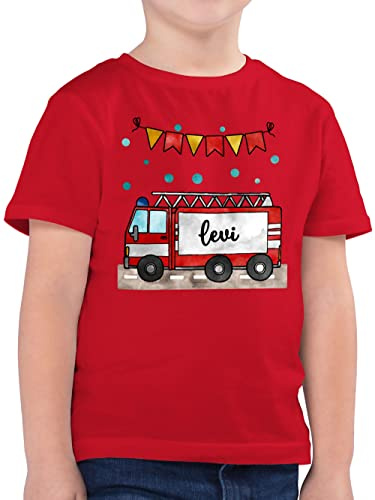 Geschenk mit Namen personalisiert by Shirtracer - Kinder T-Shirt Jungen - Feuerwehrauto Motiv I Leiterwagen Geschenk Feuerwehr I Löschzug
