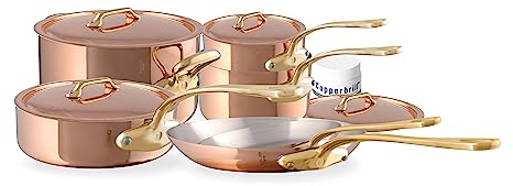 Mauviel M'Heritage 200 B Kochgeschirr-Set aus poliertem Kupfer und Edelstahl, 2 mm, 11-teilig, mit Messinggriffen, hergestellt in Frankreich