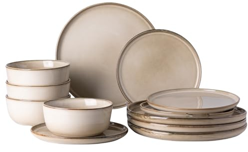 GBHOME Ceramic Dinnerware Sets for 4, 12 Pieces Stoneware Plates and Bowls Sets, Scratch Resistant Dishes, Dishwasher & Microwave Safe, Reactive Glaze-Cappuccino