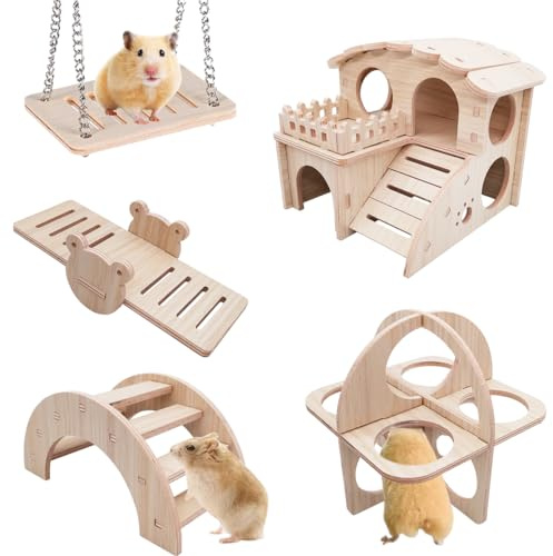 PHIEZC Confezione da 5 Giocattoli e Accessori per Criceti in Legno - Nascondigli per Criceti Nani e Piccoli Animali