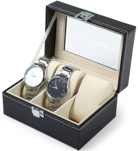 SXCCNW Watch Box, 3 Slots Watch Case, Watch Display Box, Watch Case with Glass Lid, PU Leather Watch Storage Case with Removable Watch Pillows for Men Women 15.5 x 11 x 8 cm Black
