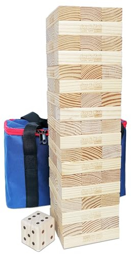 Jac & Mok Tumble Tower Spiel Holz Toppling Blocks Spielzeug mit Tragetasche (54 Stück Large Tumble Tower mit Würfeln)