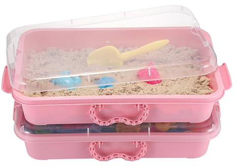OGANAZI 2 Pack Portable Sand Trays with Lid&Handles Plastic sandboxes Sensory Bins Play Tray for Indoor Outdoor Sensory Activities, 38 * 25 * 8cm, Pink