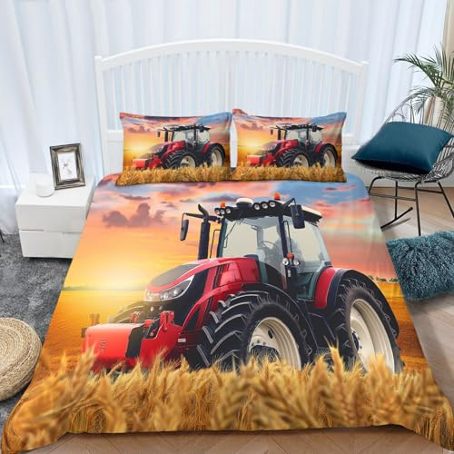 Generisch Bettbezug Weizenfeld Traktor Weich & Atmungsaktive gebürstet Microfaser,mit Reißverschluss + 2 Kissenbezug,passend für Vier Jahreszeiten Grün135 x 200 cm