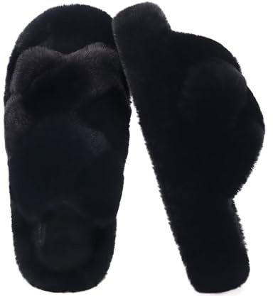 COFACE Women’s Fluffy Slippers Open Toe Cosy Faux Fur Slides Slipper Ladies Fashion Platform Furry Slip On Comfy Memory Foam House Shoes with Arch Support Indoor Outdoor Sole Size 6
