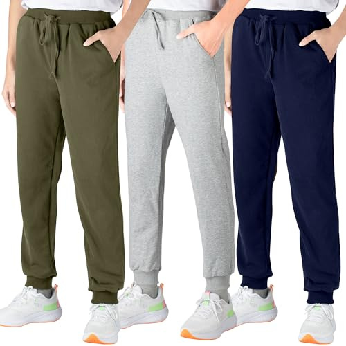 BIG ELEPHANT 3-pack joggingbyxor barn pojkar – sportbyxor pojkar långa av bomull med fickor och dragsko, bekväma byxor för pojkar, Armégrön / grå / mörkblå, 12-13 år