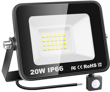 YOJZMA Outdoor LED Floodlight with Motion Sensor, 20W White