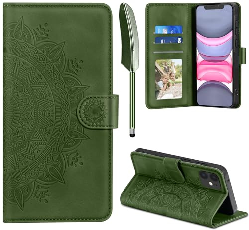 EASDNB Lederhülle für iPhone 11 Hülle, Handyhülle für iPhone 11 Flip Wallet PU Leder Case [Kartenfach] [Magnet] [Ständer] Prägung Klapphülle Schutzhülle für iPhone 11, Grasgrün