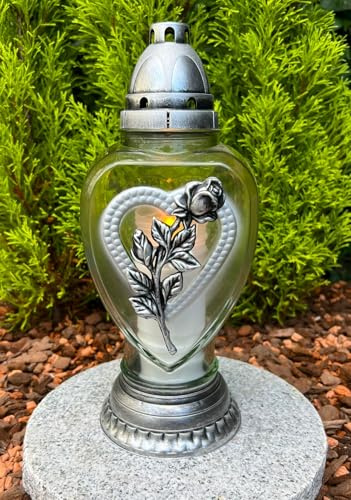 Grablampe mit einem Blumen und Herz Motiv Grablicht Rose Grableuchte Grablaterne 31,5 H. cm Grabdekoration inkl. 1 x Kerze Gratis NEU