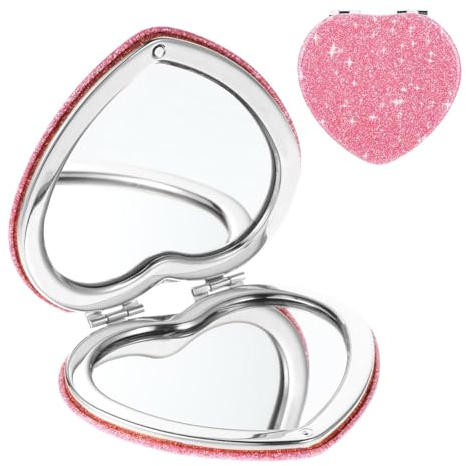 Kompakter Klappspiegel,Kleiner Spiegel Rosa Herzförmiger Taschenspiegel Klappbar 1x/2x Vergrößerung Kompaktspiegel Niedlicher Glitzer Kosmetikspiegel für Damen Geldbörsen Handtaschen