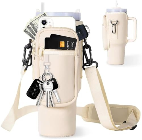 ROROJOYMA Stanley Cup Tasche Wasserflaschen-Tragetasche 1.2l mit Handyfach und verstellbarem Riemen, inklusive Strohhalm-Abdeckung und Karabiner, für Outdoor-Aktivitäten