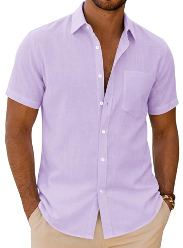 siliteelon Mens Linen Shirts Short Sleeve Summer Shirt Regular Fit Casual Cotton Holiday Beach Tops with Pocket