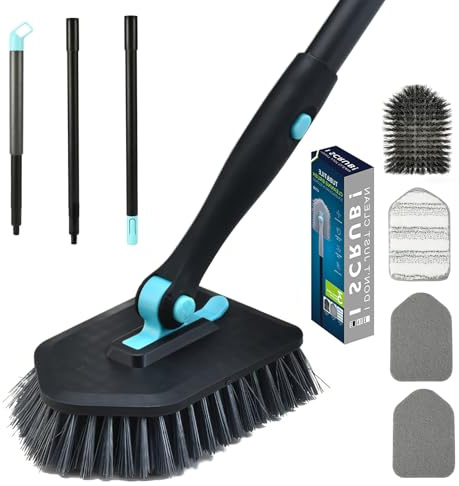 Woobroo Shower Bathtub Scrubber & Floor Scrub,Cleaning Brush with Long Handle Detachable Stick, 2 Bathroom Sponge and 1 Cleaner Brush for Scrubbing Toilet Floor Shower Tub Tile Sinks