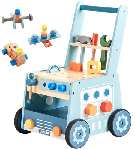 Asweets Lauflernwagen aus Holz für Babys, Aktivitätscenter Set mit Werkzeugbank für Kinder, Montessori Lernspielzeug für Kinder, die laufen lernen, Wooden Baby Push Walker, (Blau)