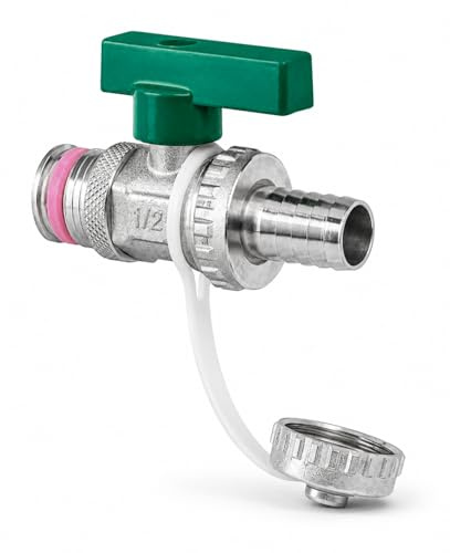 BADfabrik24 KFE-Kugelhahn DN 15 (½) – selbstdichtend mit Kontermutter, DVGW-zertifiziert & für Trinkwasser geeignet – Schlauchtülle mit Blindkappe – Messing CW617N