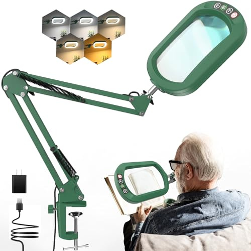 12 x förstoringsglas med ljus och klämma, äkta glas stativbelysning förstoringsglas, 5 färglägen och steglös dimbarhet LED skrivbord handsfree för hantverk hobbyer läsning målning sömnad och