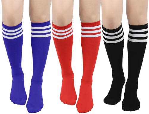 ASFWAGQ Klassiska damstrumpor, cheerleader kostym, knästrumpor, slangstrumpor, sportstrumpor med tre ränder, Röd + blå + svart, one size