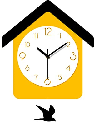 JZFOACHR Orologio da parete in legno orologio moderno orologio pendolo giallo uccello soggiorno per bambini cartone animato horloge murale decor