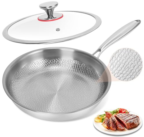Gvdeirn 28cm Stainless Steel Frying Pan with Lid, Frying Pan PFOA-Fre, with Fish Scale Pattern & Heat-Resistant Handle, Suitable for Induction, Gas, Electric Hobs, Oven-Safe, Dishwasher