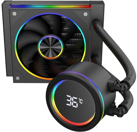 CiT Pro Saturn CPU Cooler AIO 120mm, Liquid AIO Cooler, AM4 AM5 LGA 1700 | Quiet 200W TDP black AIO with screen: this liquid CPU cooler pairs a 58mm temperature display, 26.9dBA pump and 22 ARGB LEDs