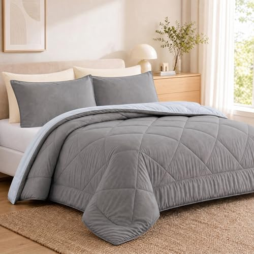 VelvetMis Coverless Duvet King Size 10.5 Tog - 230x 220cm, Light Grey And Off White Quilt, Reversible Comforter with 2 Pillowcases