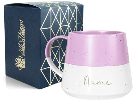 Personalised Ceramic Coffee Mug with Name - 370ml Stoneware Belly Mug - Custom Engraved Gift Boxed Cup for Tea & Coffee - Birthday Christmas Gift for Her Him - Pastel Purple