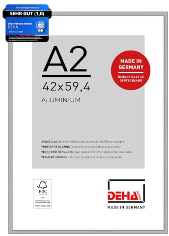 DEHA Design Aluminium Bilderrahmen Boston, 42 x 59,4 cm (A2), Silber | Aluminium Posterrahmen im Hoch- & Querformat zum Aufhängen Silber matt bruchsicheres Kunstglas