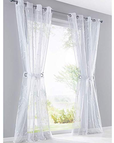 SIMPVALE 2 Stück Vorhänge Chiffon mit Ösen Stickerei Blätter Tüll Tür Fenster Vorhang Balkon Vorhang für Wohnzimmer Breite 140 cm, Polyester, Weiß, Höhe 175cm