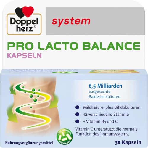 Doppelherz system PRO LACTO BALANCE – Immunsystem stärken – 12 ausgesuchte Milchsäure- plus Bifidokulturen – 30 Kapseln | 12 ausgesuchte Milchsäure- plus Bifidokulturen – Mit Vitamin B2 und C - 30 Kapseln